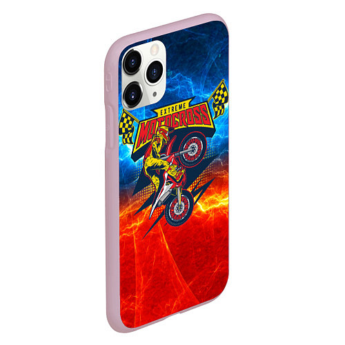 Чехол iPhone 11 Pro матовый Extreme motocross: мотоциклист на фоне огня / 3D-Розовый – фото 2