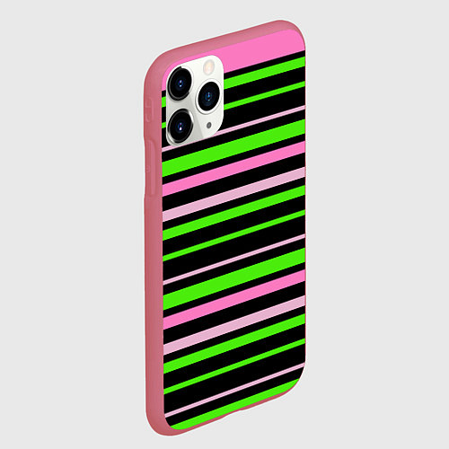 Чехол iPhone 11 Pro матовый Полосаты узор в зелено-розовых оттенках на черном / 3D-Малиновый – фото 2