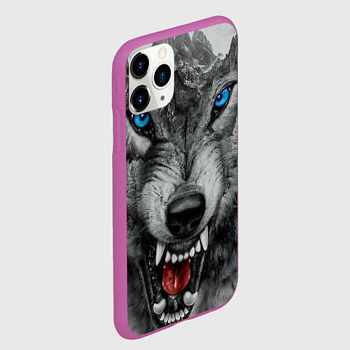 Чехол iPhone 11 Pro матовый Агрессивный волк с синими глазами / 3D-Фиолетовый – фото 2