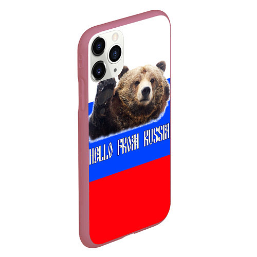 Чехол iPhone 11 Pro матовый Привет из России - медведь и триколор / 3D-Малиновый – фото 2