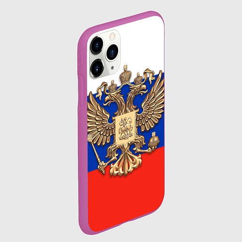 Чехол iPhone 11 Pro матовый Герб России на фоне флага / 3D-Фиолетовый – фото 2