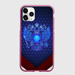 Чехол iPhone 11 Pro матовый Синий неоновый герб России, цвет: 3D-малиновый