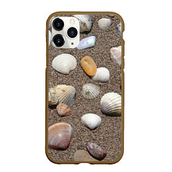Чехол iPhone 11 Pro матовый Композиция из ракушек на песке, цвет: 3D-коричневый