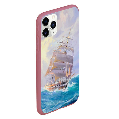 Чехол iPhone 11 Pro матовый Фрегат в штормовом океане / 3D-Малиновый – фото 2