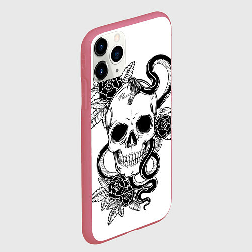 Чехол iPhone 11 Pro матовый Череп и Мамба и чёрные розы / 3D-Малиновый – фото 2
