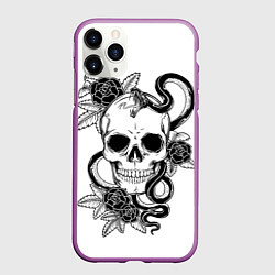 Чехол iPhone 11 Pro матовый Череп и Мамба и чёрные розы, цвет: 3D-фиолетовый