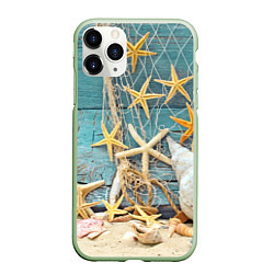 Чехол iPhone 11 Pro матовый Натюрморт из сети, морских звёзд и ракушек - лето, цвет: 3D-салатовый