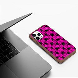 Чехол iPhone 11 Pro матовый Black and pink hearts pattern on checkered, цвет: 3D-коричневый — фото 2