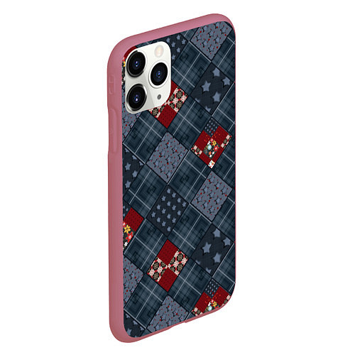 Чехол iPhone 11 Pro матовый Red and blue denim patchwork / 3D-Малиновый – фото 2