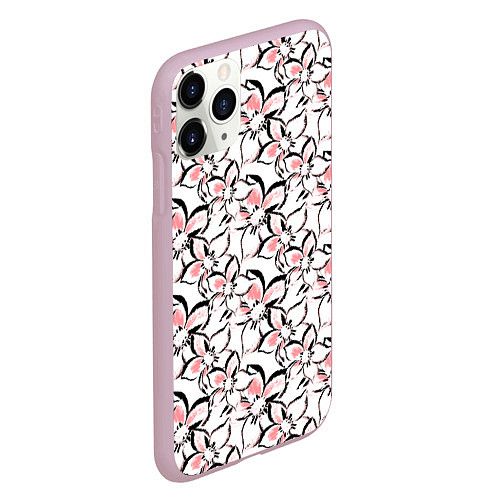 Чехол iPhone 11 Pro матовый Бело-розовые цветы с черной обводкой / 3D-Розовый – фото 2