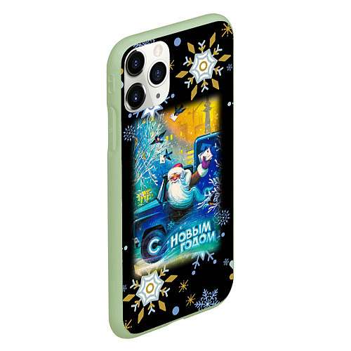 Чехол iPhone 11 Pro матовый Новый Год Дед Мороз Развозит Подарки / 3D-Салатовый – фото 2
