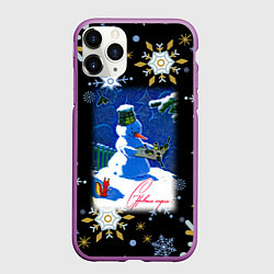 Чехол iPhone 11 Pro матовый Новый год снеговик и птицы, цвет: 3D-фиолетовый