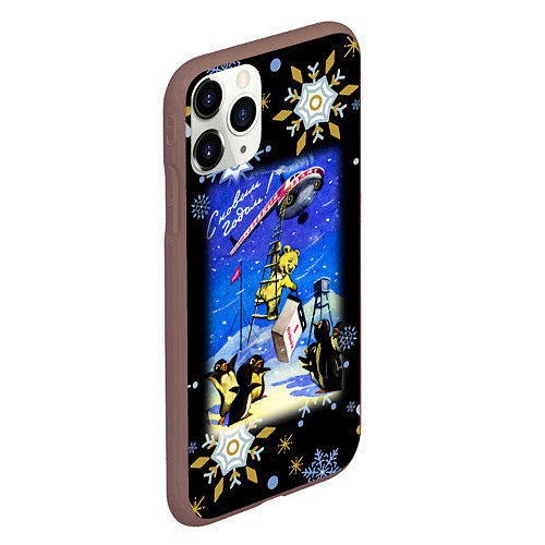 Чехол iPhone 11 Pro матовый Новый год мишка прилетел на вертолёте / 3D-Коричневый – фото 2