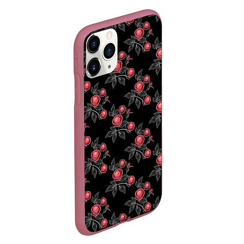 Чехол iPhone 11 Pro матовый Акварельные розы на черном / 3D-Малиновый – фото 2