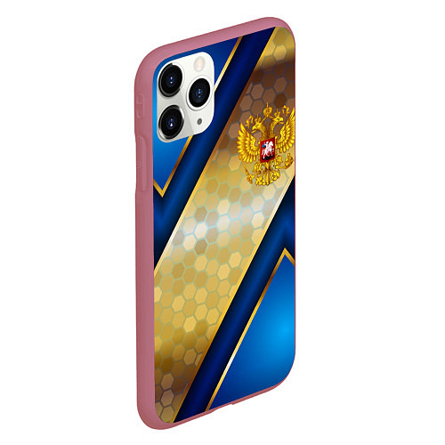 Чехол iPhone 11 Pro матовый Золотой герб России на синем объемном фоне / 3D-Малиновый – фото 2