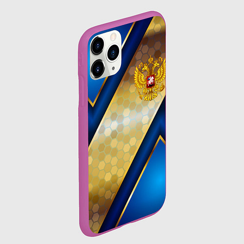 Чехол iPhone 11 Pro матовый Золотой герб России на синем объемном фоне / 3D-Фиолетовый – фото 2