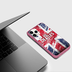 Чехол iPhone 11 Pro матовый The Beatles - лого на фоне флага Великобритании, цвет: 3D-малиновый — фото 2
