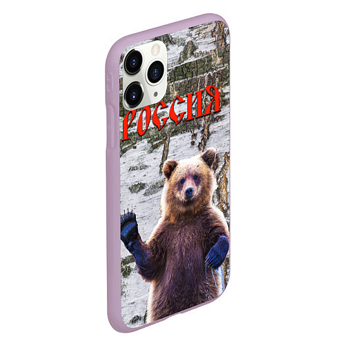 Чехол iPhone 11 Pro матовый Российский медведь на фоне берёзы / 3D-Сиреневый – фото 2