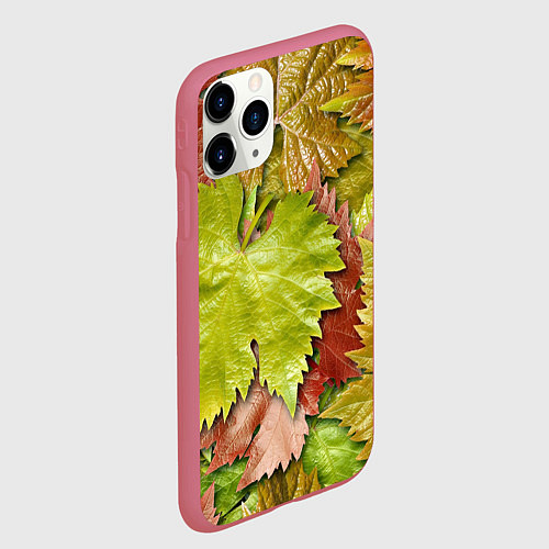 Чехол iPhone 11 Pro матовый Осенние листья клёна - паттерн / 3D-Малиновый – фото 2