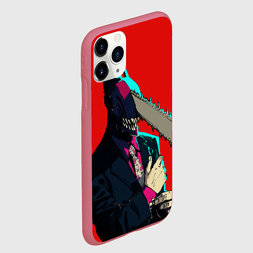 Чехол iPhone 11 Pro матовый Человек бензопила в деловом костюме / 3D-Малиновый – фото 2