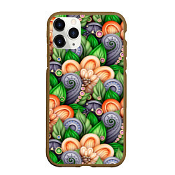 Чехол iPhone 11 Pro матовый Объемные лепестки цветов и листья, цвет: 3D-коричневый