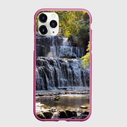 Чехол iPhone 11 Pro матовый Водопад, солнечные лучи и лес, цвет: 3D-малиновый