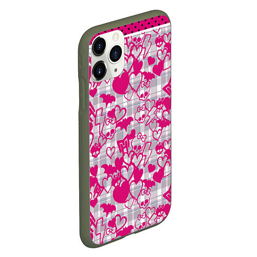 Чехол iPhone 11 Pro матовый Розовые черепа паттерн / 3D-Темно-зеленый – фото 2