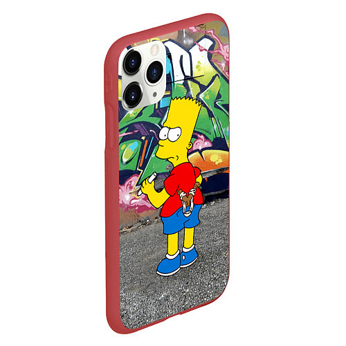 Чехол iPhone 11 Pro матовый Хулиган Барт Симпсон на фоне стены с граффити / 3D-Красный – фото 2