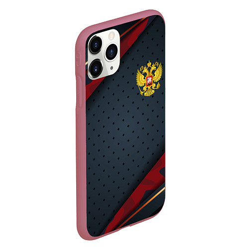 Чехол iPhone 11 Pro матовый Герб России черно-красный камуфляж / 3D-Малиновый – фото 2