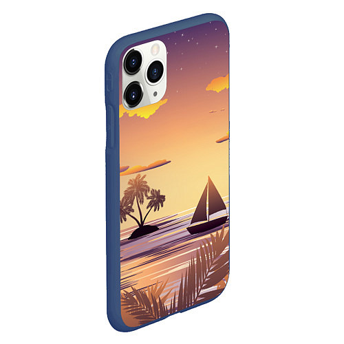 Чехол iPhone 11 Pro матовый Лодка в море на закате возле тропических островов / 3D-Тёмно-синий – фото 2
