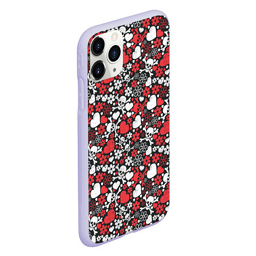 Чехол iPhone 11 Pro матовый Череп, сердца и цветы / 3D-Светло-сиреневый – фото 2