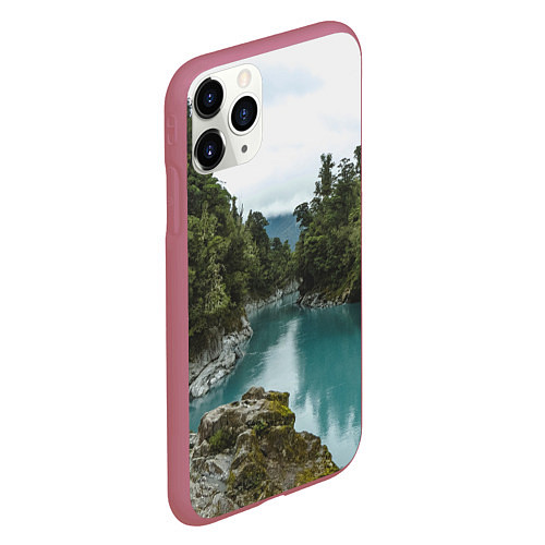 Чехол iPhone 11 Pro матовый Река, лес и скалы / 3D-Малиновый – фото 2