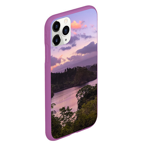 Чехол iPhone 11 Pro матовый Пейзаж вечерней реки и леса / 3D-Фиолетовый – фото 2