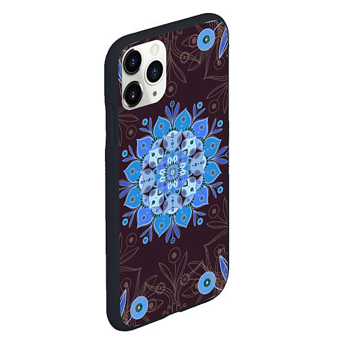 Чехол iPhone 11 Pro матовый Мандала-цветок Голубая снежинка / 3D-Черный – фото 2