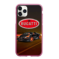 Чехол iPhone 11 Pro матовый Bugatti на ночной дороге, цвет: 3D-малиновый