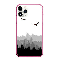 Чехол iPhone 11 Pro матовый Птицы над лесом, цвет: 3D-малиновый