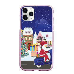Чехол iPhone 11 Pro матовый Дед Мороз едет на скутере с подарками в Новогоднюю, цвет: 3D-розовый