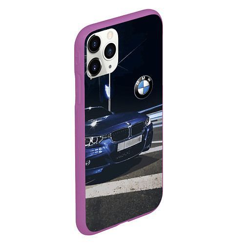 Чехол iPhone 11 Pro матовый BMW на ночной трассе / 3D-Фиолетовый – фото 2