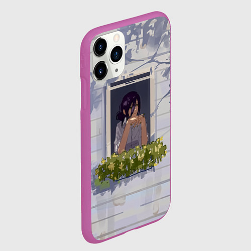 Чехол iPhone 11 Pro матовый Человек-бензопила Аса Митака в окне / 3D-Фиолетовый – фото 2