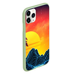 Чехол iPhone 11 Pro матовый Тропический остров на закате ретро иллюстрация, цвет: 3D-салатовый — фото 2