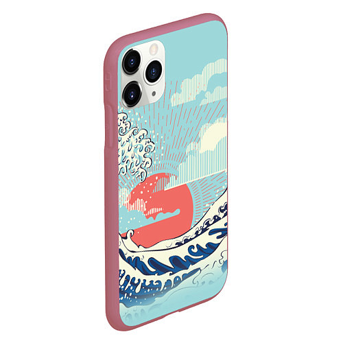 Чехол iPhone 11 Pro матовый Морской пейзаж с большими волнами на закате / 3D-Малиновый – фото 2