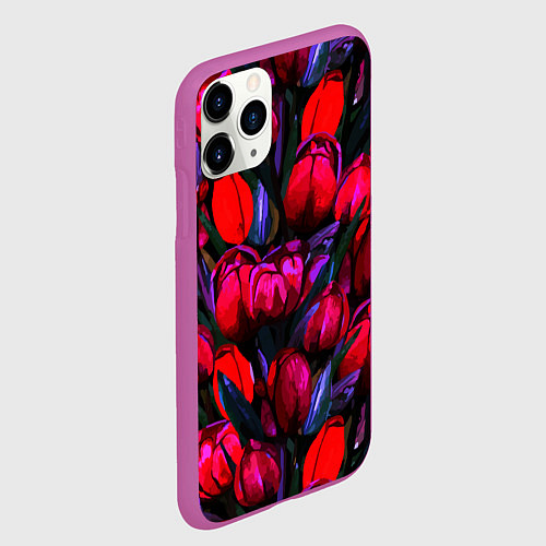 Чехол iPhone 11 Pro матовый Тюльпаны - поле красных цветов / 3D-Фиолетовый – фото 2