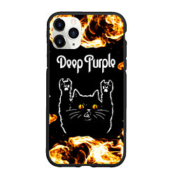 Чехол iPhone 11 Pro матовый Deep Purple рок кот и огонь, цвет: 3D-черный