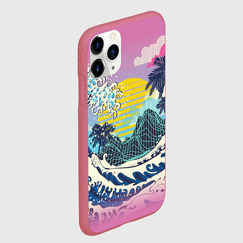 Чехол iPhone 11 Pro матовый Штормовые океанские волны и пальмы / 3D-Малиновый – фото 2