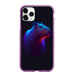 Чехол iPhone 11 Pro матовый Неоновая капибара на чёрном фоне, цвет: 3D-фиолетовый