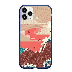 Чехол iPhone 11 Pro матовый Большие океанские волны и скалистый остров на зака, цвет: 3D-тёмно-синий
