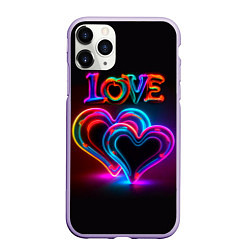 Чехол iPhone 11 Pro матовый Love - неоновые сердца, цвет: 3D-светло-сиреневый