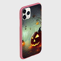 Чехол iPhone 11 Pro матовый Тыква на Хэллоуин в ночном туманном лесу, цвет: 3D-малиновый — фото 2