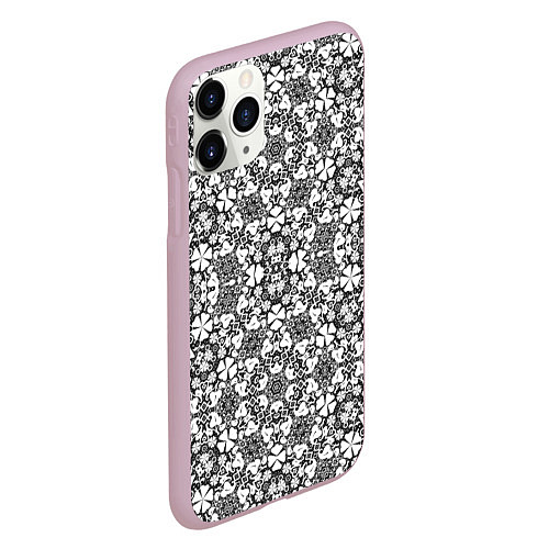 Чехол iPhone 11 Pro матовый Черно-белый кружевной ажурный узор Цветочное круже / 3D-Розовый – фото 2