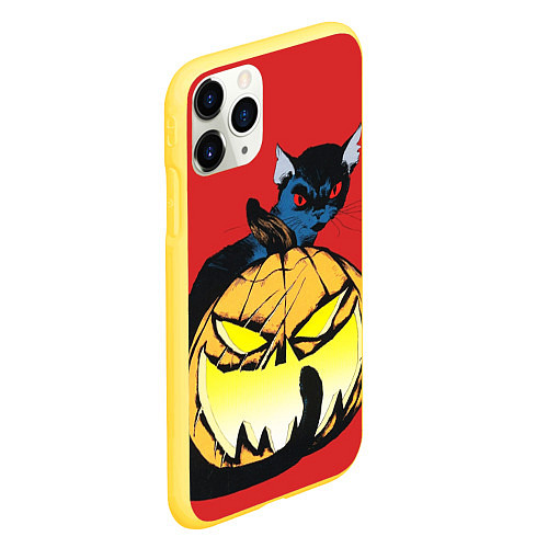 Чехол iPhone 11 Pro матовый Halloween - тыква и кот / 3D-Желтый – фото 2